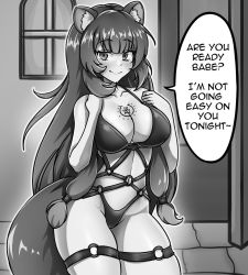 Rule 34 | 1girl, animal ears, black bra, black panties, blush, bra, breasts, chest tattoo, cleavage, english text, large breasts, lingerie, long hair, looking at viewer, monochrome, navel, panties, raphtalia, smile, tate no yuusha no nariagari, tattoo, thick thighs, thigh strap, thighs, underwear, very long hair