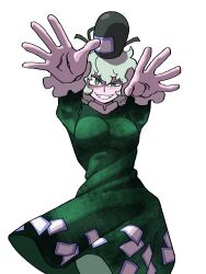 Rule 34 | 1girl, absurdres, black hat, commentary, dress, eddybird55555, green dress, green eyes, grin, hat, highres, light green hair, long sleeves, looking at viewer, ofuda, ofuda on clothes, reaching, reaching towards viewer, short hair, simple background, smile, soga no tojiko, solo, tate eboshi, touhou, white background