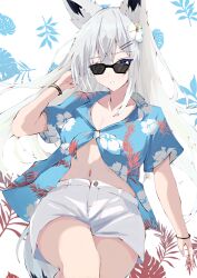 Rule 34 | 1girl, alternate costume, animal ear fluff, animal ears, azur lane, black bracelet, blue eyes, blue shirt, collarbone, commentary request, floral print, flower, fox ears, fox girl, fox tail, hair between eyes, hair flower, hair ornament, hairpin, hand in own hair, hand up, hawaiian shirt, highres, kawakaze (azur lane), leaf, leaf background, long hair, looking at viewer, midriff, multiple bracelets, natsuki (natsu 1936), navel, open clothes, open fly, open shirt, shirt, short sleeves, shorts, sidelocks, simple background, solo, sunglasses, tail, thighs, white background, white flower, white hair, white shorts