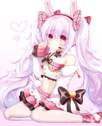 Rule 34 | 1girl, animal ears, azur lane, black bow, black choker, blush, bow, choker, closed mouth, commentary request, crop top, frills, gradient background, hair between eyes, hair bow, hairband, hand up, headset, heart, highres, laffey (azur lane), laffey (bunny idol @unmotivated) (azur lane), long hair, long sleeves, looking at viewer, midriff, navel, pantyhose, pink bow, pink hair, pink skirt, plaid, plaid bow, plaid skirt, pleated skirt, purple background, rabbit ears, red eyes, red footwear, red hairband, shikito (yawa0w0), shoes, single strap, sitting, skirt, sleeves past wrists, solo, twintails, very long hair, white background, white pantyhose, yokozuwari