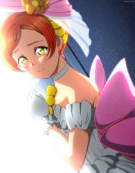 Rule 34 | 1girl, absurdres, choker, closed mouth, commentary request, dress, earrings, flower, gloves, hair flower, hair ornament, hand up, highres, hoshizora rin, isami don, jewelry, love live!, love live! school idol project, love wing bell, off-shoulder dress, off shoulder, orange eyes, orange hair, smile, solo, tearing up, upper body, white choker, white dress, white gloves, yellow eyes