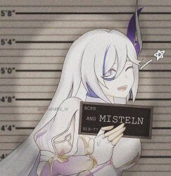 Rule 34 | 1girl, barbie (franchise), barbie (live action), barbie mugshot (meme), character name, commentary, english commentary, hare (honkai impact), height chart, height mark, highres, honkai (series), honkai impact 3rd, long hair, looking at viewer, meme, mugshot, one eye closed, open mouth, selunatic iv, solo, star (symbol), teeth, twitter username, upper body, upper teeth only, white hair