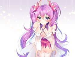 Rule 34 | 1girl, aisha landar, arms behind back, bare shoulders, blush, breasts, breasts apart, cleavage, detached sleeves, elsword, hair between eyes, hair ornament, hair ribbon, hairclip, highres, leaning forward, long hair, looking at viewer, magical girl, medium breasts, open mouth, purple eyes, purple hair, ribbon, solo, star (symbol), twintails, very long hair, xes (xes 5377)