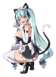 Rule 34 | 1girl, @ @, ajidot, animal ears, apron, ass, black dress, blue hair, blush, breasts, cat ears, cat tail, dress, drill hair, elbow gloves, embarrassed, fake animal ears, fake tail, fang, gloves, goddess of victory: nikke, highres, large breasts, light blue hair, long hair, maid, maid headdress, neck bell, official alternate costume, paw hair ornament, paw pose, privaty (nikke), privaty (unkind maid) (nikke), simple background, skin fang, solo, squatting, tail, thighhighs, tiptoes, twin drills, twintails, very long hair, white apron, white background, white gloves, white thighhighs, yellow eyes
