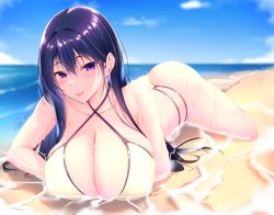 Rule 34 | 1girl, :p, arm under breasts, beach, bikini, blue sky, blurry, blurry background, blush, breast press, breasts, cleavage, collarbone, commentary request, dated, day, highres, horizon, huge breasts, kaede acer, looking at viewer, lying, ocean, on stomach, original, outdoors, partially submerged, purple eyes, purple hair, sidelocks, signature, sky, solo, swimsuit, tongue, tongue out, wet, white bikini