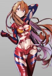 Rule 34 | 1girl, aged up, blue eyes, bodysuit, breasts, brown hair, cameltoe, cleft of venus, curvy, evangelion: 3.0+1.0 thrice upon a time, floating hair, grey background, hair between eyes, hair down, hand on own head, highres, large breasts, lips, long hair, looking at viewer, neon genesis evangelion, one eye closed, plugsuit, rebuild of evangelion, red bodysuit, shiny clothes, shiny skin, simple background, skin tight, skindentation, solo, souryuu asuka langley, standing, thighs, torn bodysuit, torn clothes, very long hair, wardrobe malfunction, wide hips, yagisawa teru