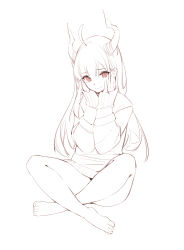 Rule 34 | 1girl, bare legs, barefoot, closed mouth, full body, hands up, highres, horns, indian style, long hair, long sleeves, looking at viewer, monochrome, nekojira, original, red theme, simple background, sitting, sleeves past wrists, smile, solo, sweater, symbol-only commentary, white background