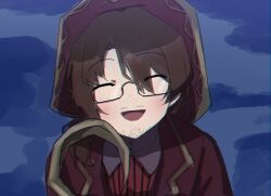Rule 34 | 1boy, brown hair, closed eyes, glasses, gold trim, gregor (project moon), hat, hook hand, jacket, limbus company, low ponytail, oimo (oimonius), open mouth, pirate hat, project moon, red hat, red jacket, shirt, smile, solo, striped clothes, striped shirt, wing collar