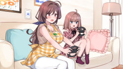 Rule 34 | 2girls, absurdres, age difference, ahoge, apron, bekotarou, blue eyes, blush, breasts, brown eyes, brown hair, checkered apron, checkered clothes, cleavage, controller, couch, drawing (object), dress, embarrassed, feet, feet up, female focus, frilled pillow, frills, hands up, highres, holding, holding controller, indoors, large breasts, legs, long hair, looking away, low ponytail, mankai kaika, mature female, medium hair, mother and daughter, multiple girls, nose blush, open mouth, original, pillow, playing games, sex toy, sitting, socks, thighs, v-shaped eyebrows, vibrator, vibrator under clothes