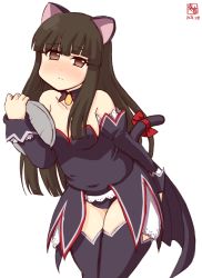 Rule 34 | 1girl, angel mort, animal ears, artist logo, black hair, black leotard, black thighhighs, blunt bangs, blush, brown eyes, cat ears, cat tail, commentary request, cosplay, cowboy shot, dated, detached collar, detached sleeves, hatsuyuki (kancolle), highres, higurashi no naku koro ni, hime cut, kanon (kurogane knights), kantai collection, leaning forward, leotard, long hair, looking at viewer, revision, simple background, solo, tail, thighhighs, tray, waitress, white background
