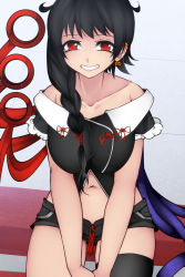 Rule 34 | 1girl, aoshima, asymmetrical wings, bare shoulders, bench, black hair, braid, breasts squeezed together, breasts, collarbone, commentary request, cowboy shot, earrings, frilled sleeves, frills, grin, highres, houjuu nue, jewelry, large breasts, lipstick, looking at viewer, makeup, micro shorts, navel, own hands together, red eyes, ribbon, shorts, single thighhigh, sitting, smile, solo, thighhighs, thighs, tiles, touhou, wings, zipper pull tab