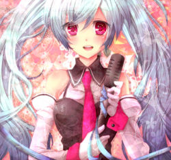 Rule 34 | 1girl, bad id, bad pixiv id, blue hair, gatma, hatsune miku, long hair, microphone, necktie, red eyes, smile, solo, twintails, unemura, vocaloid