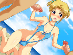 Rule 34 | 3boys, artist request, beach, blonde hair, blue eyes, blush, bulge, censored, crossdressing, cum, cum in mouth, cum on clothes, double handjob, handjob, kneeling, male focus, multiple boys, open mouth, outdoors, penis, short twintails, sky, sweat, swimsuit, trap, twintails, yaoi