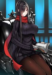 Rule 34 | 1girl, black hair, black pantyhose, book, breasts, chair, hair ornament, hair over one eye, hairclip, highres, huge breasts, jewelry, long hair, looking at viewer, mugenshiki, necklace, open book, original, pantyhose, red eyes, ribbed sweater, scarf, sitting, smile, solo, sweater, very long hair