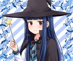 Rule 34 | 1girl, black cape, blue background, blue hair, blue sailor collar, blunt bangs, blush, cape, cosplay, hat, holding, holding wand, idolmaster, idolmaster cinderella girls, justice/ryo, kita high school uniform, long hair, long sleeves, looking at viewer, nagato yuki, nagato yuki (cosplay), red eyes, sailor collar, sajo yukimi, school uniform, serafuku, sidelocks, smile, solo, striped, striped background, suzumiya haruhi no yuuutsu, upper body, wand, white background, witch hat
