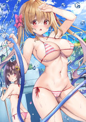 Rule 34 | 2girls, arm up, bikini, blue sky, breasts, broom, brown hair, bush, chain-link fence, cloud, commentary request, day, fence, flower, hair between eyes, hair flower, hair ornament, holding, holding broom, holding hose, hose, kurou (quadruple zero), large breasts, multiple girls, orange hair, original, outdoors, pool, red eyes, sky, smile, standing, striped bikini, striped clothes, swimsuit, water drop, wet