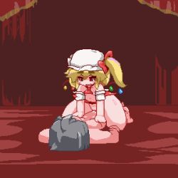 Rule 34 | 1boy, 4girls, animated, animated gif, aoihitsuji, assertive female, black hair, blonde hair, bonnet, cowgirl position, cum, cum in pussy, flandre scarlet, four of a kind (touhou), girl on top, heart, heart-shaped pupils, kiss, multiple girls, pixel art, red eyes, riding, sex, smirk, straddling, symbol-shaped pupils, tagme, thick thighs, thighs, touhou, wings
