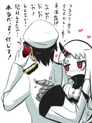 Rule 34 | 10s, 1boy, 1girl, abyssal ship, admiral (kancolle), black hair, blush, breasts, cellphone, dress, gloves, goma (gomasamune), hat, heart, horns, kantai collection, large breasts, long hair, military, military uniform, naval uniform, pale skin, phone, red eyes, ribbed dress, seaport princess, short eyebrows, single horn, smartphone, sweat, translation request, uniform, white hair