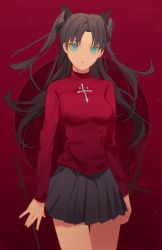 Rule 34 | 1girl, absurdres, black bow, black skirt, blue eyes, bow, breasts, brown hair, cowboy shot, fate/stay night, fate (series), floating hair, hair bow, highres, long hair, long sleeves, looking at viewer, medium breasts, miniskirt, pleated skirt, red background, red shirt, shirt, skirt, solo, standing, thigh gap, tohsaka rin, tr (hareru), twintails, very long hair