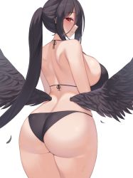 Rule 34 | 1girl, ass, bikini, black bikini, black choker, black hair, black wings, blue archive, blush, breasts, choker, collarbone, commentary request, feathered wings, hair between eyes, halo, hasumi (blue archive), highres, huge breasts, kuavera, large breasts, long hair, looking at viewer, looking back, navel, ponytail, red eyes, sideboob, simple background, skindentation, solo, swimsuit, white background, wings