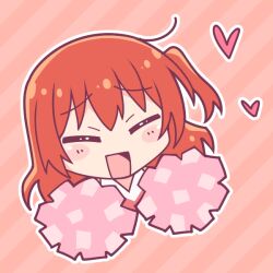 Rule 34 | 1girl, :d, blush stickers, bocchi the rock!, cheerleader, chibi, closed eyes, diagonal stripes, e20, hair between eyes, heart, kita ikuyo, long hair, one side up, open mouth, outline, pom pom (cheerleading), red hair, red shirt, shirt, smile, solo, striped, striped background, white outline