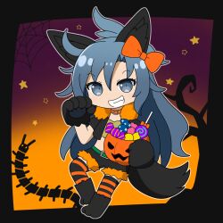 Rule 34 | 1girl, animal ears, animal hands, bare tree, black border, black shorts, black vest, border, bow, bug, candy, centipede, fang, food, full body, fur trim, gradient background, grey eyes, grey hair, grin, hair bow, halloween, halloween bucket, halloween costume, highres, himemushi momoyo, jack-o&#039;-lantern, lollipop, long hair, looking at viewer, messy hair, orange bow, rizleting, shorts, silk, smile, solo, spider web, star (symbol), striped clothes, striped thighhighs, tail, thighhighs, touhou, tree, vest