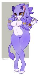 Rule 34 | 1girl, alternate form, animal ears, animal hands, armlet, bracelet, breasts, cat ears, cat girl, cat tail, claws, colored sclera, covered erect nipples, curvy, earrings, eyelashes, eyeliner, fangs, furry, hidden-cat, highres, isabella (seiken densetsu 3), jewelry, large breasts, long ears, looking at viewer, makeup, nail polish, navel, necklace, no nipples, no pussy, nude, purple fur, purple hair, red sclera, ring, seiken densetsu, seiken densetsu 3, simple background, slit pupils, smile, standing, tail, thick thighs, thighs, tongue, tongue out, wide hips, yellow eyes