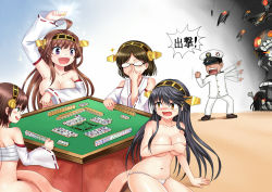 Rule 34 | 10s, 1boy, 6+girls, abyssal ship, adjusting eyewear, admiral (kancolle), anger vein, bare shoulders, black-framed eyewear, blush, board game, bottomless, breasts, brown hair, covering privates, covering breasts, detached sleeves, enemy aircraft (kancolle), artistic error, fundoshi, glasses, glowing, glowing eyes, green eyes, ha-class destroyer, hair ribbon, haruna (kancolle), hiei (kancolle), highres, japanese clothes, kantai collection, kirishima (kancolle), kongou (kancolle), large breasts, long hair, mahjong, mahjong table, mahjong tile, multiple girls, navel, open mouth, orange eyes, pale skin, panties, purple eyes, ribbon, ro-class destroyer, ru-class battleship, sarashi, short hair, smile, smirk, sparkle, strip game, strip mahjong, table, tears, topless, translation request, underwear, white panties, wo-class aircraft carrier, y.ssanoha, yellow eyes, yo-class submarine