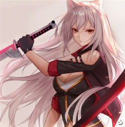 Rule 34 | 1girl, animal ears, black gloves, black jacket, black shirt, breasts, cat ears, cleavage, commentary request, female focus, gloves, grey background, hair between eyes, highres, holding, holding sword, holding weapon, jacket, long hair, looking at viewer, medium breasts, open clothes, open jacket, original, red eyes, shirt, short sleeves, simple background, solo, sword, upper body, very long hair, weapon, wei xiao, white hair, wind