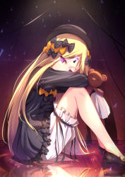 Rule 34 | 1girl, abigail williams (fate), black bow, black dress, black footwear, black hat, blonde hair, bloomers, bow, bug, butterfly, closed mouth, commentary request, dress, fate/grand order, fate (series), glowing, glowing eyes, hair bow, hands in opposite sleeves, hat, head tilt, holding, holding stuffed toy, insect, keyhole, long hair, long sleeves, looking at viewer, looking to the side, orange bow, parted bangs, polka dot, polka dot bow, purple eyes, reflection, shoes, sitting, smile, solo, stuffed animal, stuffed toy, teddy bear, underwear, very long hair, white bloomers, yan (nicknikg)