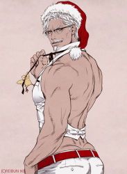 Rule 34 | 1boy, back, back focus, bara, bare back, bare shoulders, bird, chick, christmas, colonel sanders, facial hair, from behind, glasses, goatee, hat, highres, i reibun, kfc, looking at viewer, male focus, mature male, muscular, muscular male, mustache, old, old man, pants, pectorals, santa hat, seductive smile, short hair, sideburns, sidepec, smile, solo, tight clothes, tight pants, vest, white hair, white pants, white vest