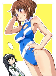 Rule 34 | ..., 2girls, aono3, arm behind head, arm up, black hair, black neckerchief, blouse, blue one-piece swimsuit, blush stickers, breasts, brown eyes, brown hair, closed mouth, commentary, commission, covered navel, dutch angle, frown, girls und panzer, groin, hairband, half-closed eyes, hand on own hip, highleg, highleg swimsuit, highres, leaning forward, long hair, long sleeves, looking at another, medium breasts, multiple girls, neckerchief, nishizumi miho, one-piece swimsuit, ooarai school uniform, outline, reizei mako, sailor collar, school uniform, serafuku, shirt, short hair, spoken ellipsis, standing, sweatdrop, swimsuit, white hairband, white outline, white sailor collar, white shirt, yellow background