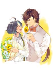 Rule 34 | 2boys, ahoge, black hair, blush, bouquet, bow, bowtie, brown hair, closed eyes, closed mouth, collared shirt, commentary request, flower, formal, genshin impact, green hair, hair between eyes, highres, holding, holding bouquet, jewelry, long hair, long sleeves, multicolored hair, multiple boys, necktie, open mouth, parted bangs, ponytail, ring, shirt, short hair with long locks, smile, suit, suspenders, two-tone hair, vest, wedding ring, white background, white necktie, xiao (genshin impact), yaoi, yellow eyes, yellow flower, yuno setouchi, zhongli (genshin impact)