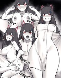 Rule 34 | 1girl, 2boys, akuma nihmune, anal, blunt bangs, blush, breasts, commentary, demon girl, demon horns, double anal, double penetration, english commentary, greenopi, greyscale, group sex, heart, hetero, highres, horns, indie virtual youtuber, large breasts, long hair, looking at viewer, mmf threesome, mole, mole under eye, monochrome, multiple anal, multiple boys, multiple views, navel, nipples, open mouth, penis, red eyes, smile, teeth, threesome, tongue, towel, virtual youtuber