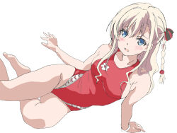 1girl arena_(company) arm_support barefoot blonde_hair blue_eyes braid breasts competition_swimsuit feet_out_of_frame hal-py high_school_fleet logo long_hair lying medium_breasts on_side one-piece_swimsuit one_side_up red_one-piece_swimsuit simple_background single_braid solo swimsuit white_background wilhelmina_braunschweig_ingenohl_friedeburg