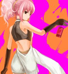 Rule 34 | 00s, 1girl, anya alstreim, back, cellphone, code geass, expressionless, gloves, looking back, mamepon, phone, pink hair, ponytail, red eyes, solo