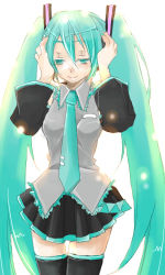 Rule 34 | 1girl, female focus, green eyes, green hair, half-closed eyes, hatsune miku, logicon, long hair, lowres, matching hair/eyes, necktie, solo, thighhighs, twintails, very long hair, vocaloid