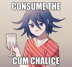 Rule 34 | 1boy, alternate costume, cheer (cheerpuppy14), collarbone, commentary, cum, cum in container, cum in cup, cup, cupping glass, danganronpa (series), danganronpa v3: killing harmony, english commentary, english text, flipped hair, glass, gradient background, grey background, hair between eyes, hand up, holding, holding cup, macro, meme, oma kokichi, purple eyes, purple hair, red shirt, shirt, short sleeves, smile, solo, striped clothes, striped shirt