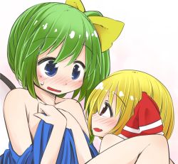 Rule 34 | 2girls, :d, bare shoulders, bed sheet, blanket, blonde hair, blue eyes, blush, covering privates, covering breasts, daiyousei, eye contact, fairy wings, fang, green hair, hair ribbon, jagabutter, looking at another, multiple girls, naked blanket, naked sheet, open mouth, red eyes, ribbon, rumia, side ponytail, smile, sweatdrop, tareme, touhou, wings, yuri