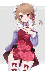 1boy, 1girl, :o, bangs, black bow, bow, braid, breasts, brown hair, bun cover, commentary request, detached sleeves, double bun, dress, eyebrows visible through hair, floral print, grey background, hair bow, hand up, highres, ikeuchi tanuma, long sleeves, looking at viewer, multicolored hair, nail polish, open mouth, original, pink nails, print dress, puffy long sleeves, puffy sleeves, purple hair, purple sleeves, red bow, red dress, romaji text, sleeveless, sleeveless dress, small breasts, solo focus, swept bangs, thighhighs, two-tone background, two-tone hair, two side up, white background, white legwear