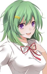Rule 34 | &gt;:d, 1girl, :d, aosaki yukina, bad id, bad twitter id, blouse, breasts, green hair, hair ornament, hairclip, looking at viewer, medium breasts, neck ribbon, open mouth, original, purple eyes, red ribbon, ribbon, shirt, short hair, simple background, smile, solo, upper body, v-shaped eyebrows, white background, white shirt
