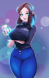 Rule 34 | 1girl, absurdres, aqua nails, black shirt, blue eyes, breasts, brown hair, cowboy shot, highres, holding, holding phone, large breasts, medium hair, mole, mole under eye, nail polish, open mouth, outline, phone, product girl, samsung, samsung sam, screen light, shirt, shirt tucked in, smile, solo, thick thighs, thighs, white outline, xpisigma