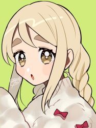 Rule 34 | 1girl, blonde hair, bow, braid, braided ponytail, brown eyes, green background, highres, k-on!, kisaragi yuu (fallen sky), kotobuki tsumugi, long hair, looking at viewer, open mouth, portrait, red bow, sidelocks, signature, simple background, solo, sweater, thick eyebrows