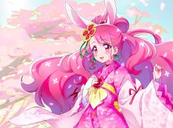 Rule 34 | 1girl, :d, alternate costume, animal ears, asymmetrical bangs, blush, commentary request, cure grace, cure grace (partner form), detached sleeves, earrings, extra ears, floating hair, hanadera nodoka, healin&#039; good precure, highres, japanese clothes, jewelry, kimono, kyoutsuugengo, long hair, long sleeves, open mouth, pink hair, pink kimono, precure, rabbit ears, red eyes, red ribbon, ribbon, ribbon-trimmed sleeves, ribbon trim, smile, solo, spring (season), standing, textless version, very long hair, white sleeves, wide sleeves, yukata