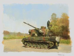 Rule 34 | blue sky, commentary request, flakpanzer gepard, highres, mikado (winters), military, military vehicle, motor vehicle, no humans, original, outdoors, sky, tank