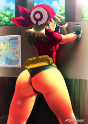 Rule 34 | 1girl, against wall, ass, bandana, blue eyes, breasts, brown hair, cameltoe, creatures (company), game freak, long hair, looking at viewer, looking back, may (pokemon), medium breasts, nintendo, pokemon, pokemon rse, rybiorock, smile, solo, spread legs