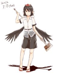 Rule 34 | 1girl, black hair, brown eyes, brush, dated, feathered wings, female focus, flip-flops, hat, holding, kawashina (momen silicon), looking at viewer, pointy ears, pom pom (clothes), sandals, shadow, shameimaru aya, short hair, short sleeves, sketch, skirt, smile, solo, standing, tokin hat, touhou, wings
