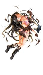 Rule 34 | 1girl, ass, black bag, black eyes, black footwear, black hair, black legwear, blush, boots, bra, brown gloves, formation girls, full body, gloves, goggles, goggles around neck, hairband, highres, jacket, kamura poku, long hair, midriff, official art, one eye closed, ookawa tetsuko, open clothes, open jacket, panties, pink bra, pink panties, short shorts, shorts, simple background, solo, torn clothes, transparent background, underwear, very long hair