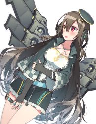 Rule 34 | 12-gauge, 1girl, ammunition, armor, bandolier, black gloves, blush, breasts, brown hair, cowboy shot, criss-cross halter, dutch angle, elbow gloves, fingerless gloves, girls&#039; frontline, gloves, hair between eyes, hair ornament, halterneck, hand on own arm, hat, headphones, heterochromia, highres, hop3, long hair, looking to the side, m1014 (girls&#039; frontline), medium breasts, open mouth, red eyes, shield module, shotgun shell, sidelocks, solo, standing, thigh strap, thighs, very long hair, white background, wide sleeves, x hair ornament, yellow eyes