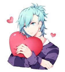Rule 34 | 1boy, blue eyes, blue hair, commentary, hair between eyes, heart, heart-shaped pillow, hugging object, looking at viewer, male focus, medium hair, mikaze ai, pillow, pillow hug, pingo, ponytail, purple sweater, simple background, solo, striped clothes, striped sweater, sweater, two-tone sweater, uta no prince-sama, white background